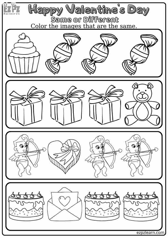 Valentines Day Same or Different Activity Number 2 for Kids Kindergarten Classroom